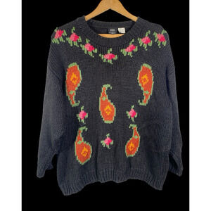 Vintage Sweater Size Large Ramie Womens Paisley Floral Black Fall Cottagecore